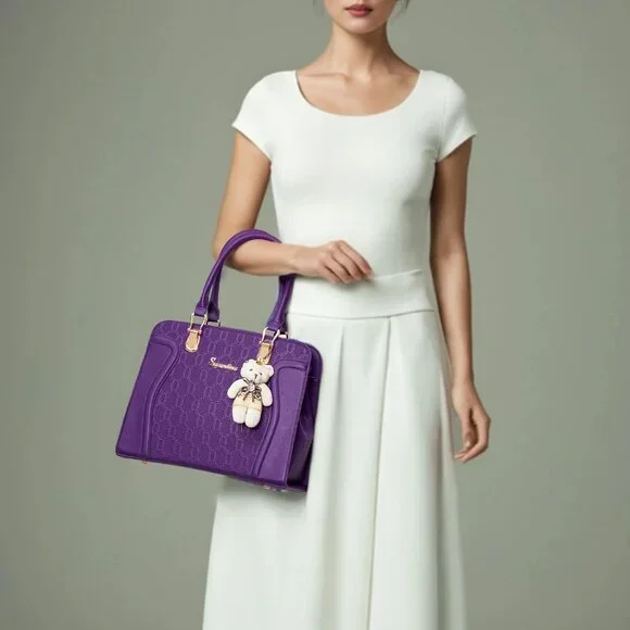 Women's Purple Faux Leather Top Handle High Quality Smooth Zippers Tote Bag - Picture 2 of 7